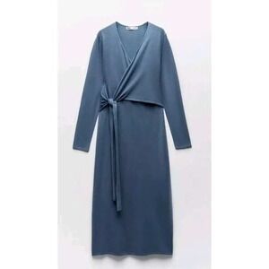 Long Sleeve Wrap Knit Dress in Slate Blue